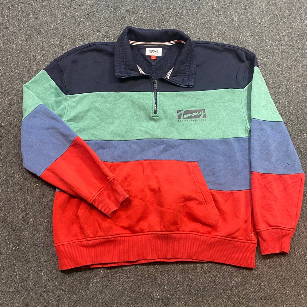 Tommy Jeans Quarter Zip Sz L Mens Multi Colorblock Streetwear Retro Pullover